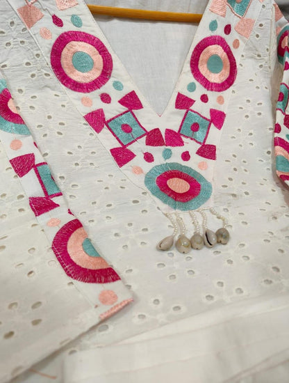 White Colourful Cotton Schiffli Co-ord Set