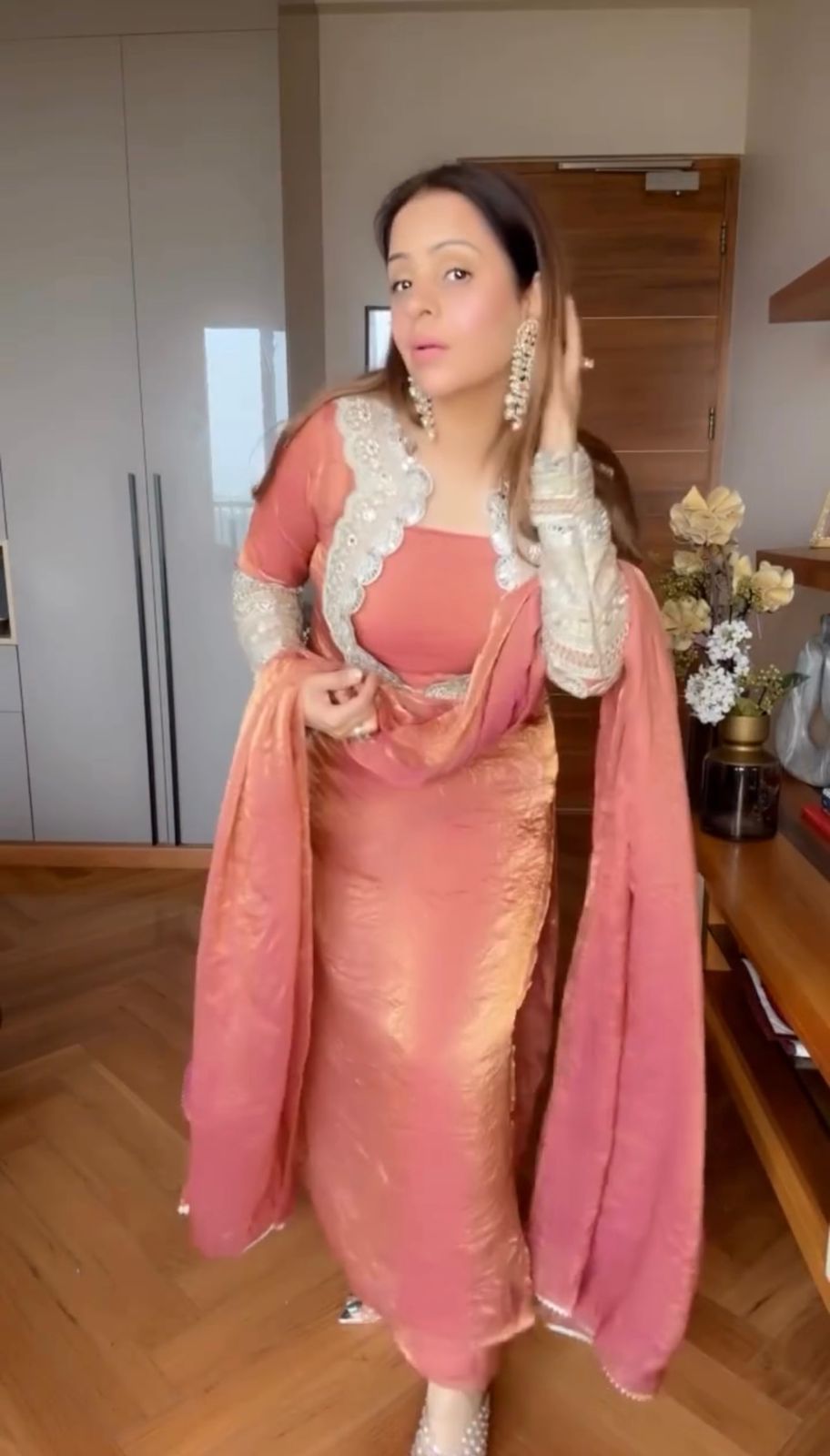 Elegant Pink Fendy Silk Suit Set