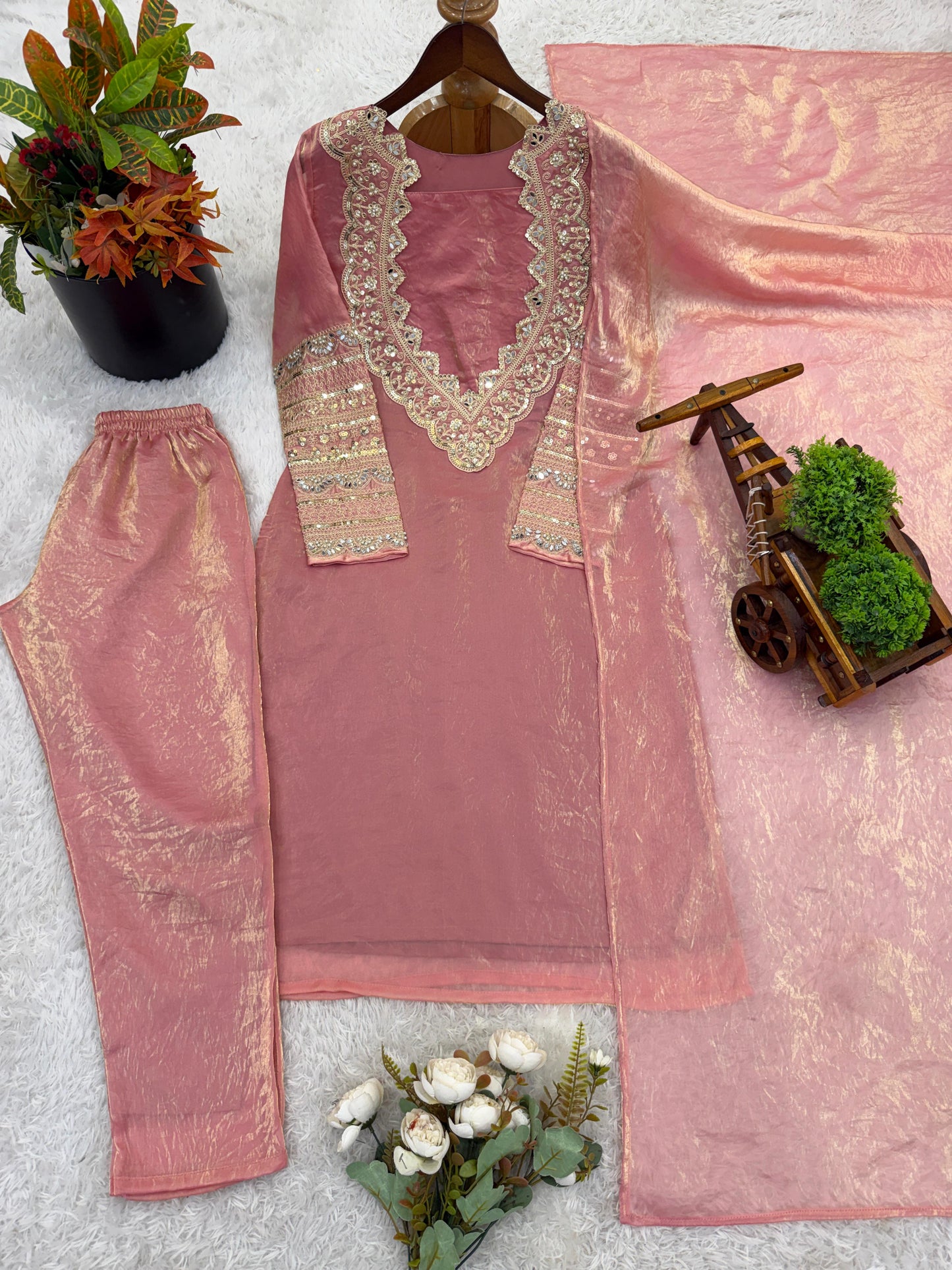 Elegant Pink Fendy Silk Suit Set