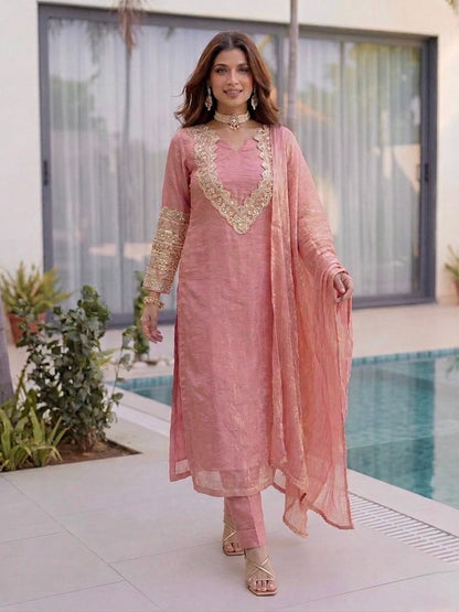 Elegant Pink Fendy Silk Suit Set