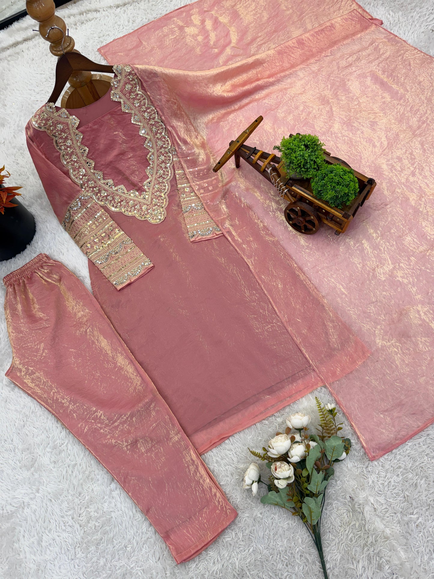 Elegant Pink Fendy Silk Suit Set