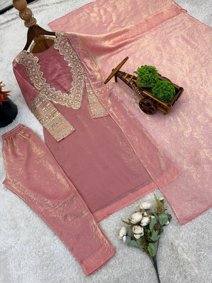 Elegant Pink Fendy Silk Suit Set