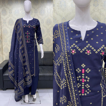 Bandhani Mirror-work Cotton Kurta 3-piece Set