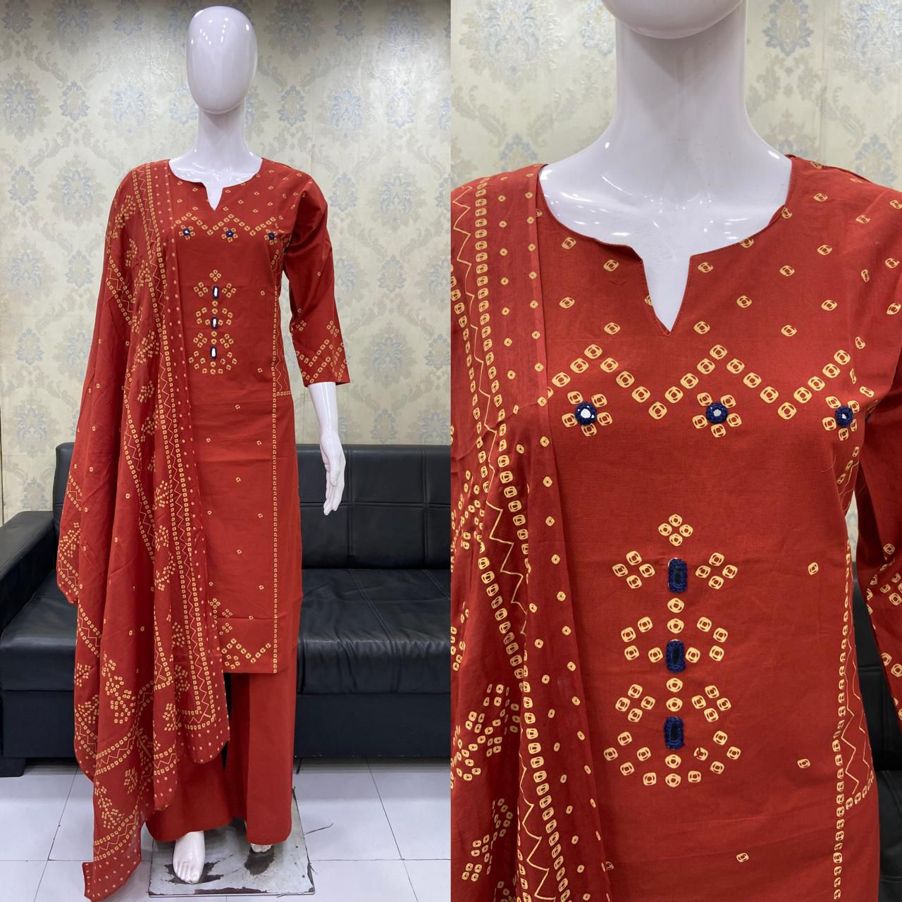 Bandhani Mirror-work Cotton Kurta 3-piece Set