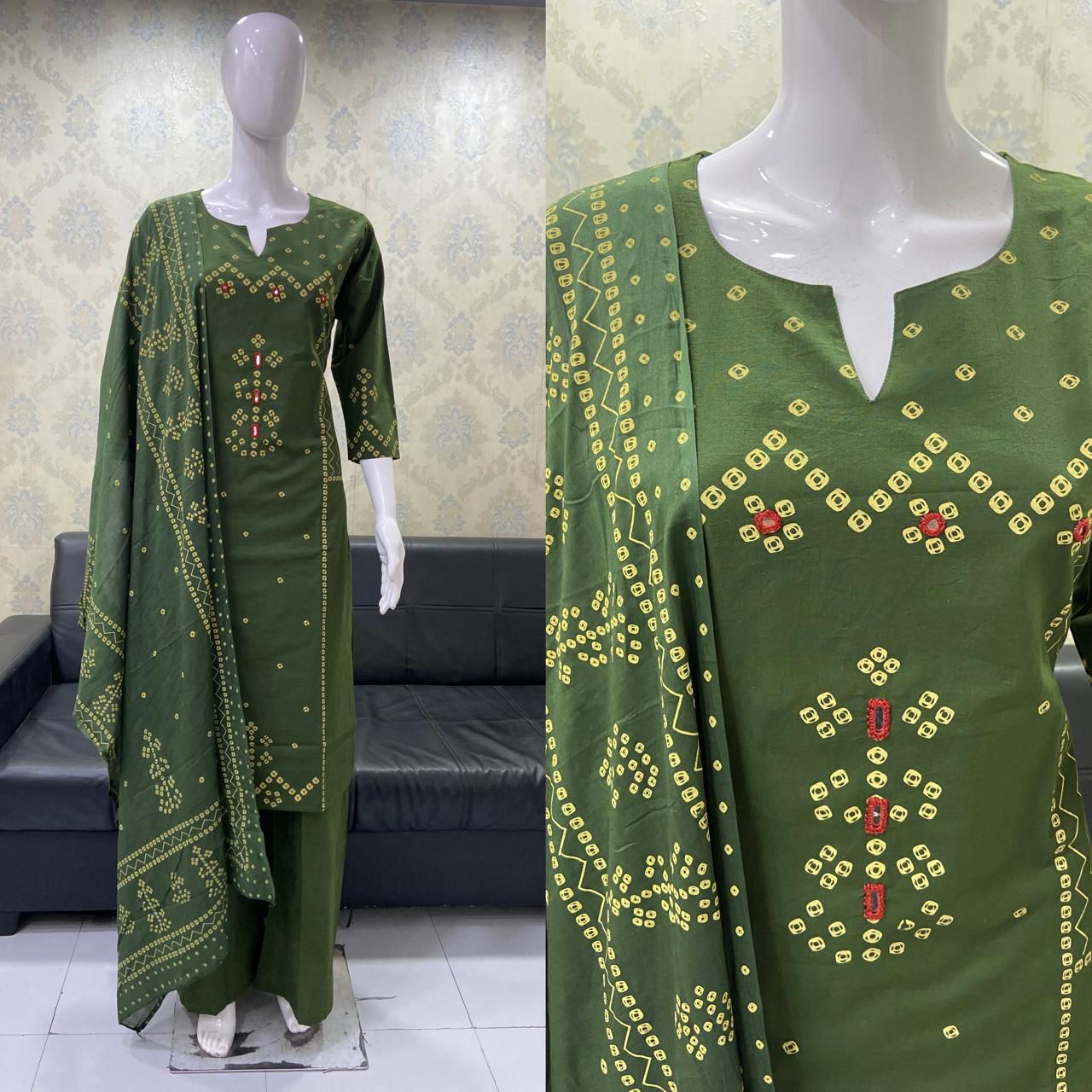 Bandhani Mirror-work Cotton Kurta 3-piece Set