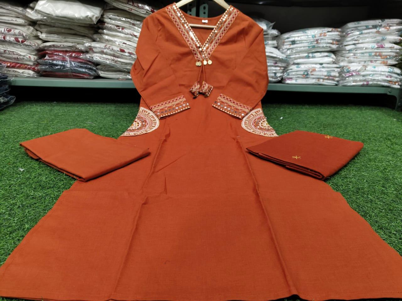 Premium Embroidered Dhabu Cotton Kurta 3-piece Set
