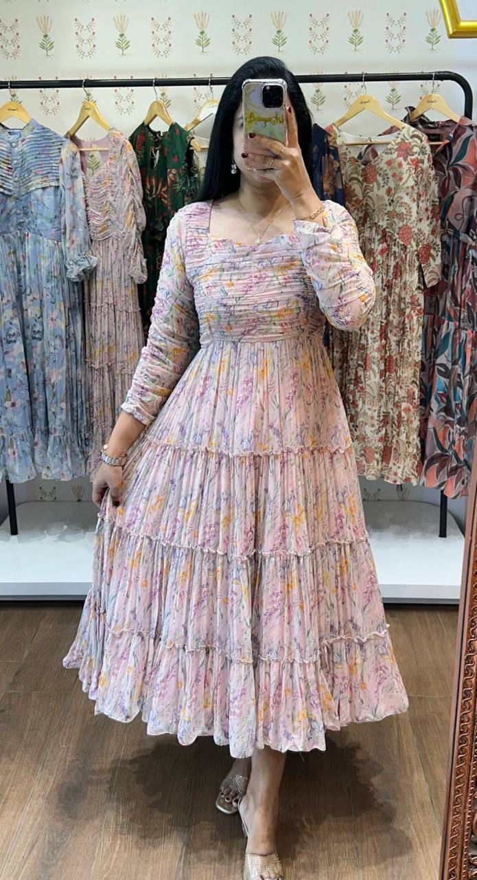 Pink Floral Maxi Dress With Flare
