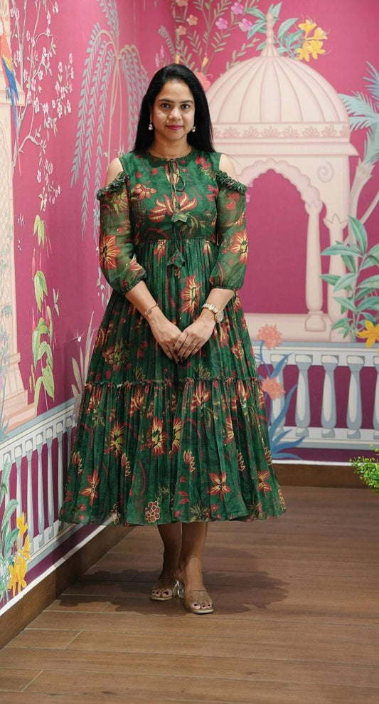 Green Floral Maxi Dress With Flare