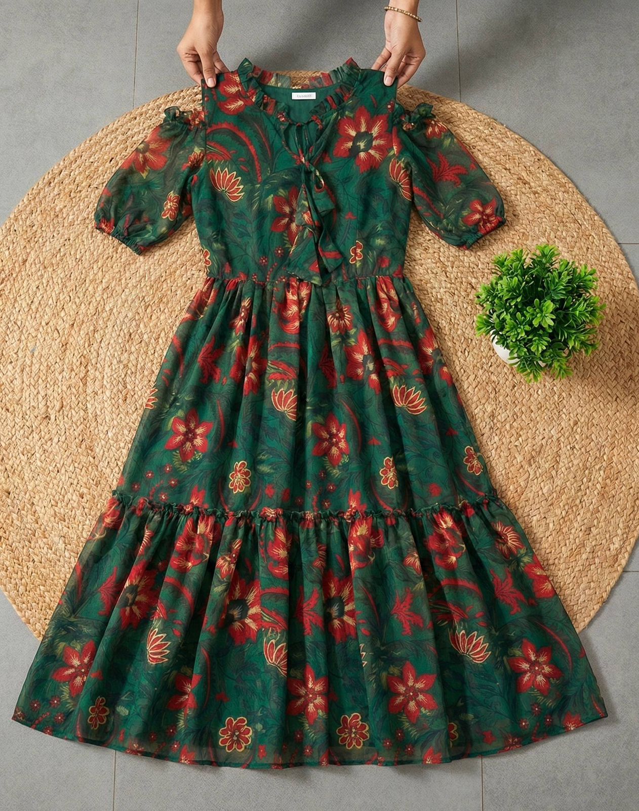 Green Floral Maxi Dress With Flare