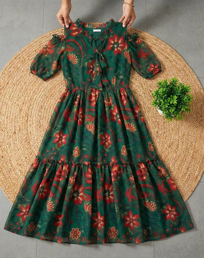 Green Floral Maxi Dress With Flare