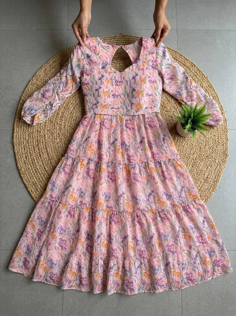 Pink Floral Maxi Dress With Flare