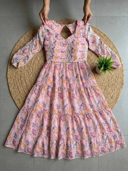 Pink Floral Maxi Dress With Flare