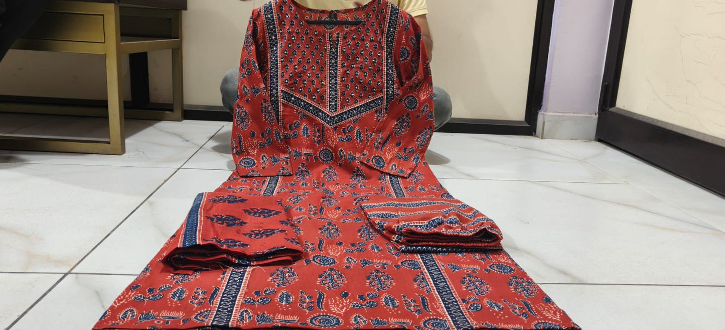 Designer Ajrakh Print Cotton Kurta Set