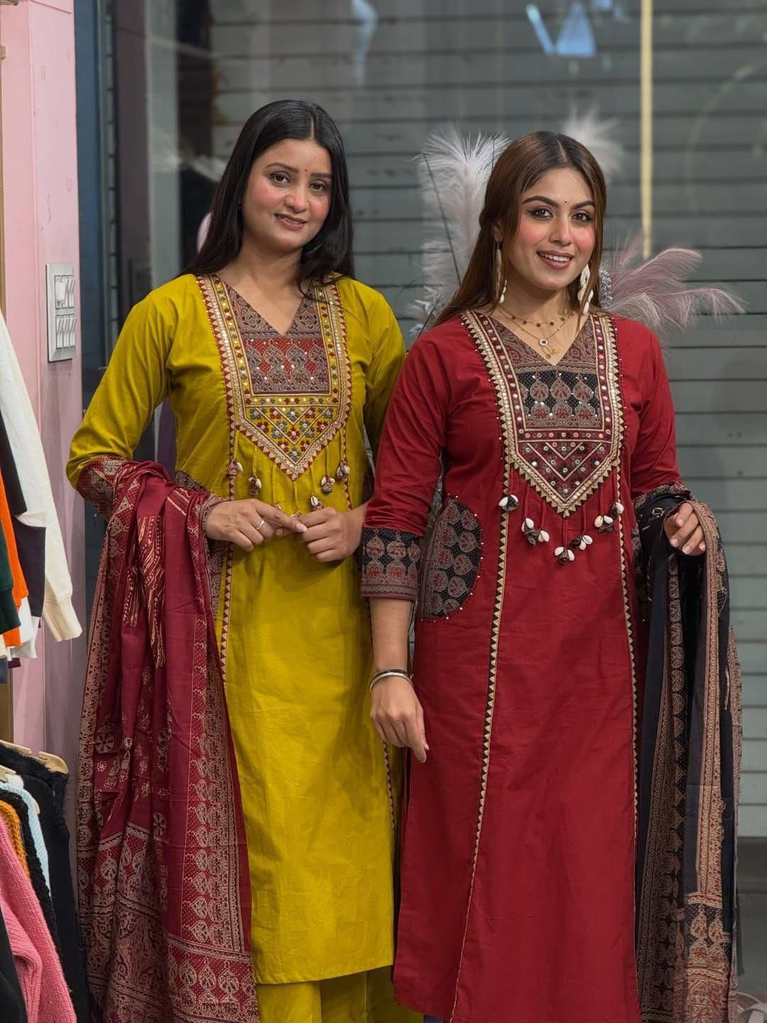 Designer Ajrakh Cotton Kurta 3-piece Set