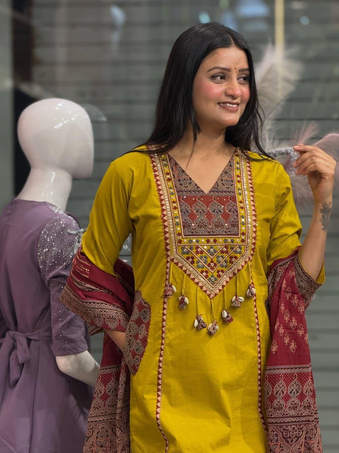 Designer Ajrakh Cotton Kurta 3-piece Set