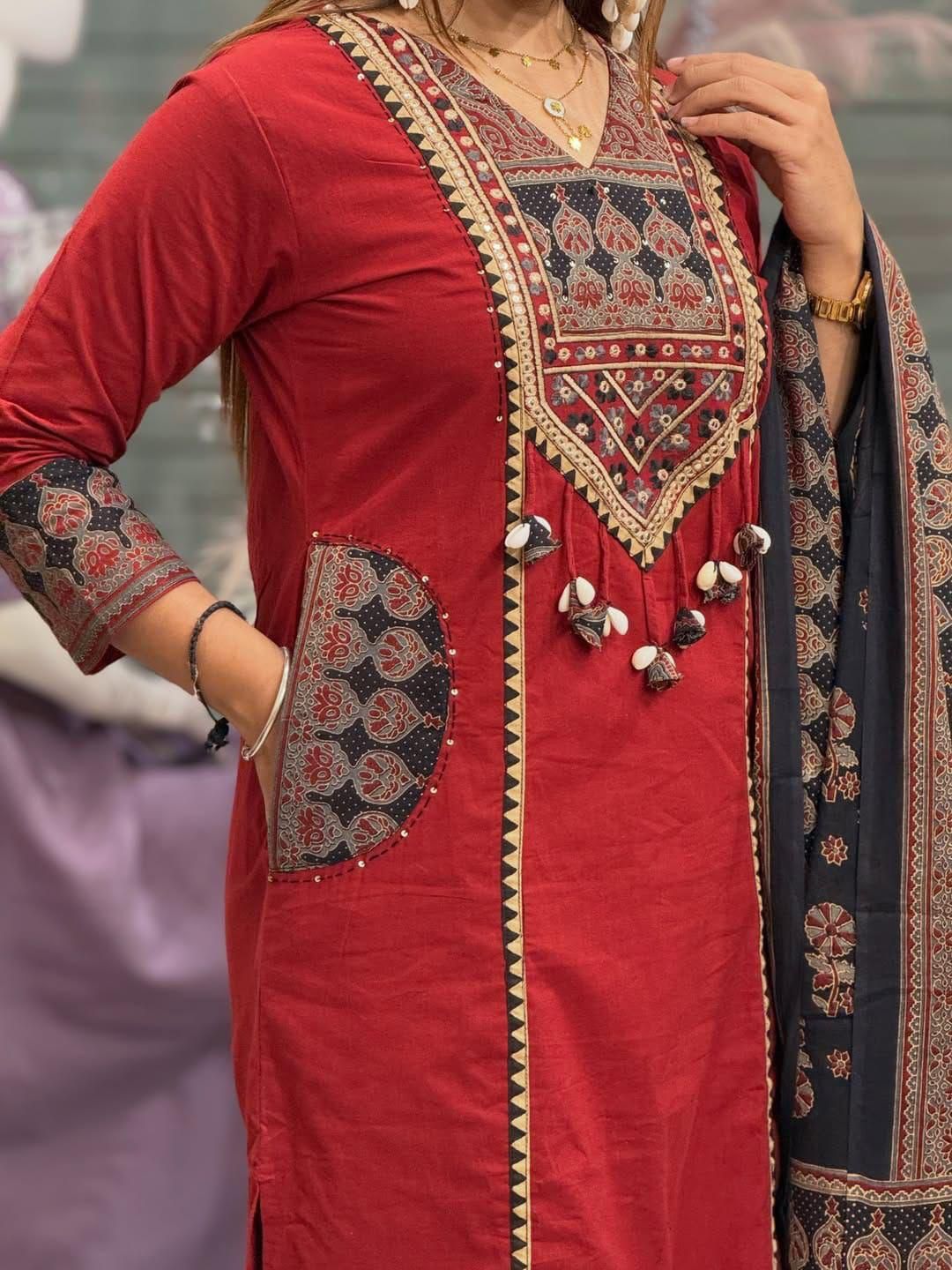 Designer Ajrakh Cotton Kurta 3-piece Set