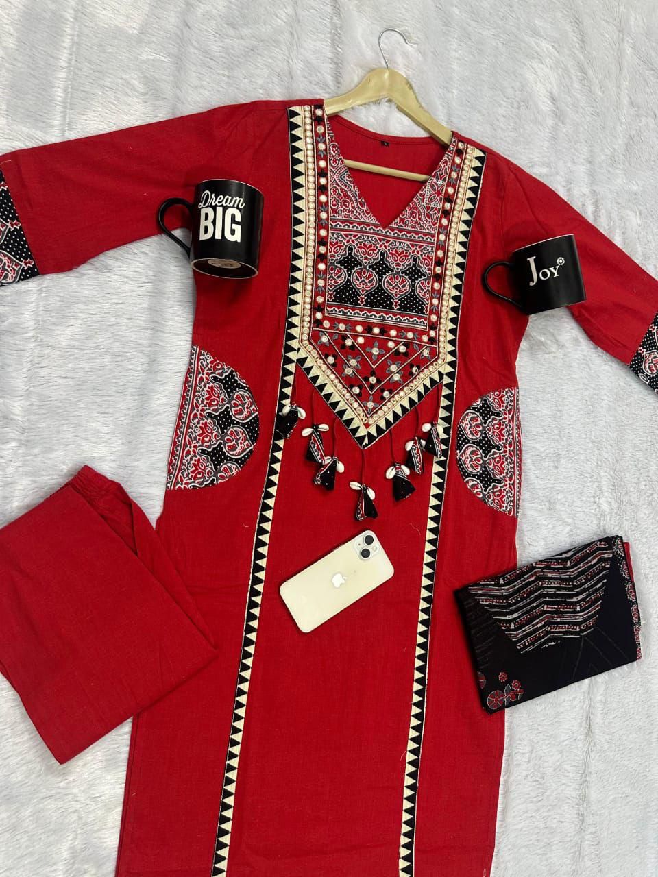 Designer Ajrakh Cotton Kurta 3-piece Set