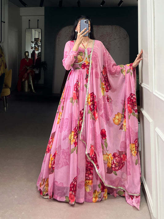 Stylish Floral Chiffon Gown & Dupatta Set