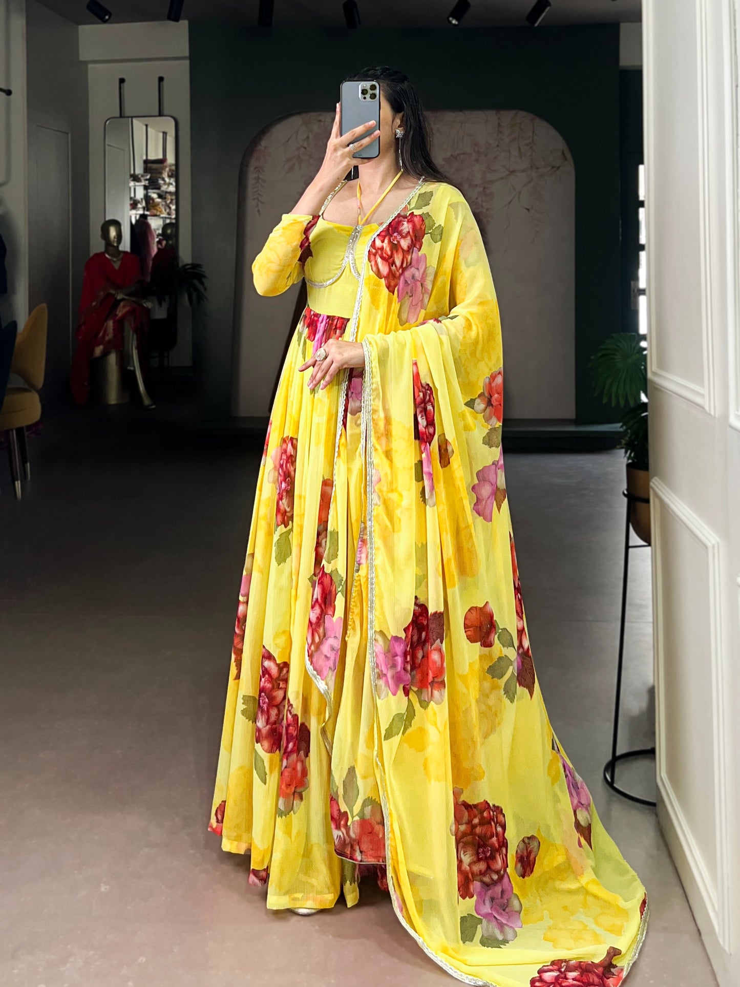 Stylish Floral Chiffon Gown & Dupatta Set