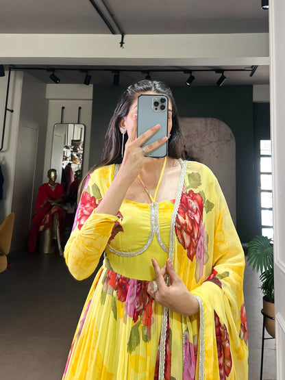 Stylish Floral Chiffon Gown & Dupatta Set