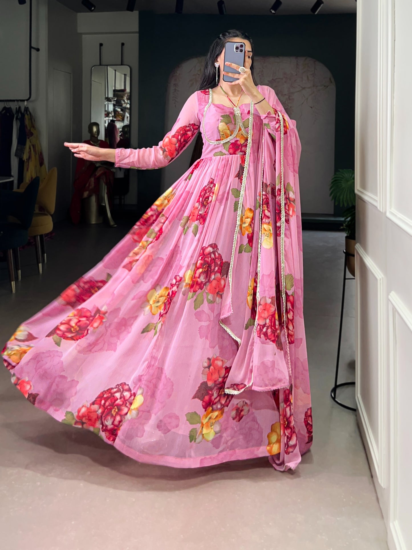 Stylish Floral Chiffon Gown & Dupatta Set