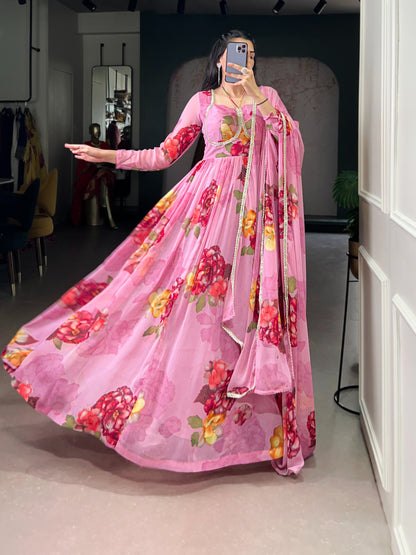 Stylish Floral Chiffon Gown & Dupatta Set