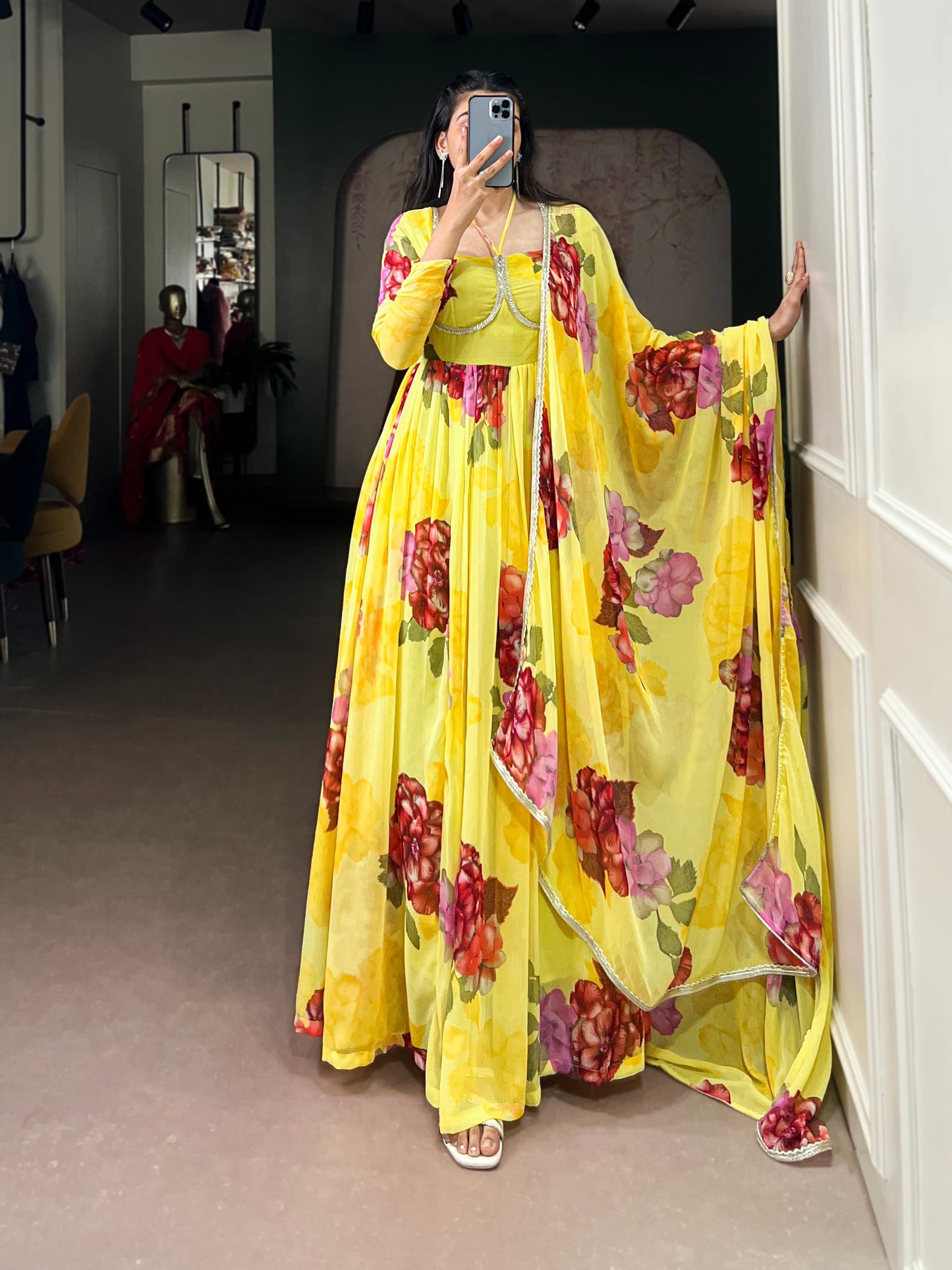 Stylish Floral Chiffon Gown & Dupatta Set