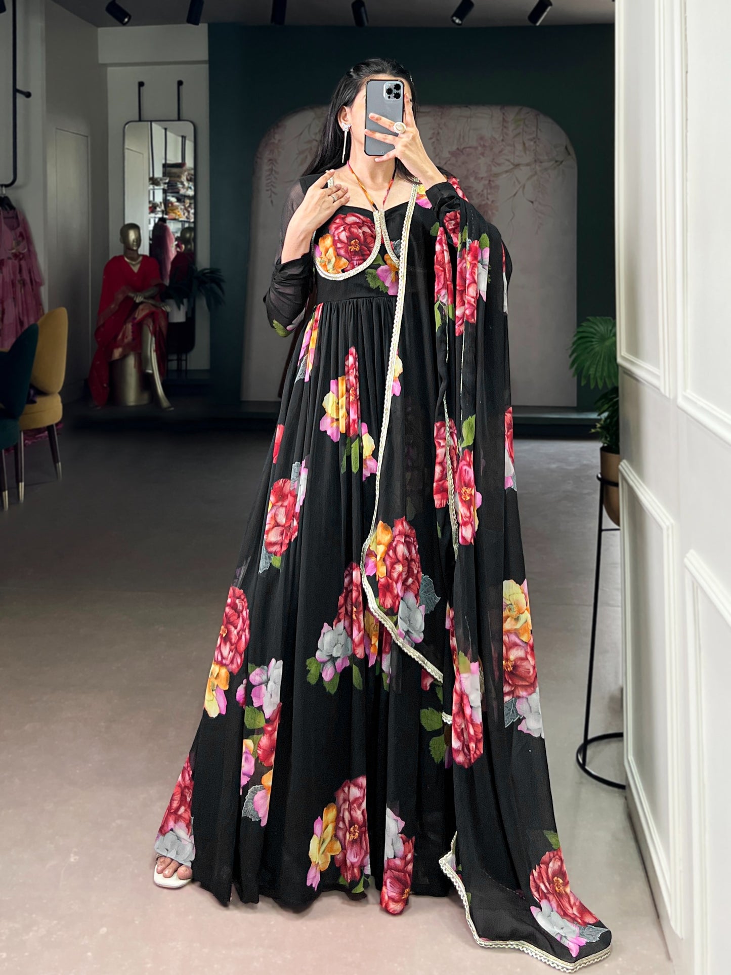 Stylish Floral Chiffon Gown & Dupatta Set