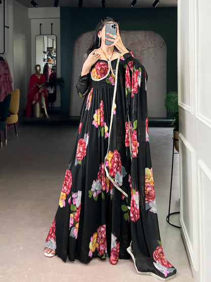 Stylish Floral Chiffon Gown & Dupatta Set