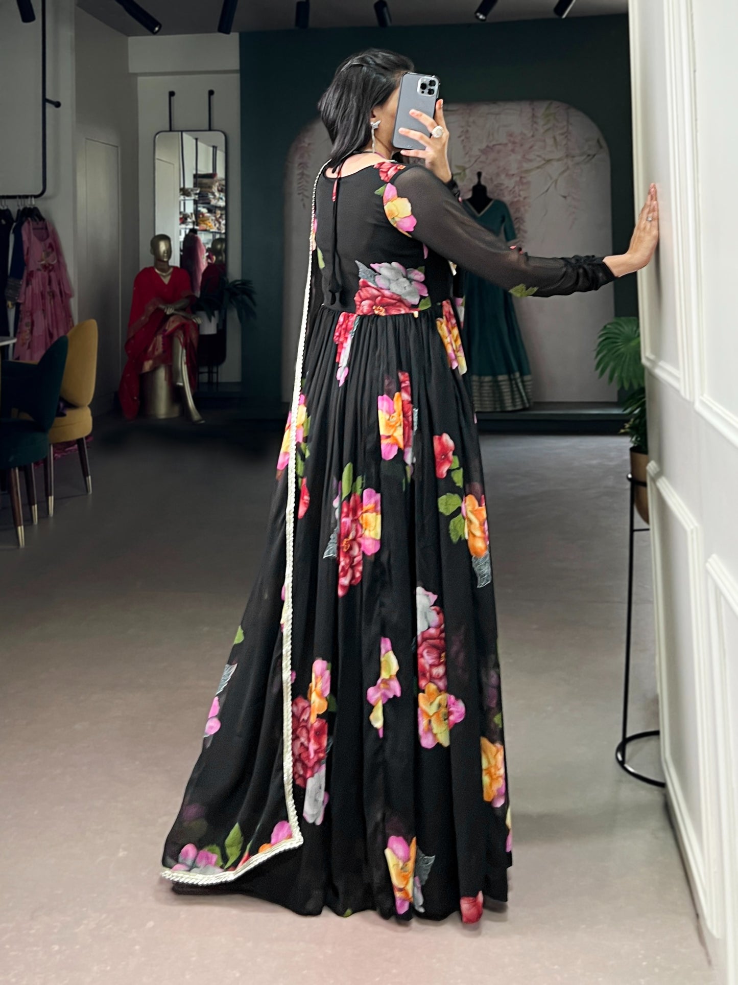 Stylish Floral Chiffon Gown & Dupatta Set