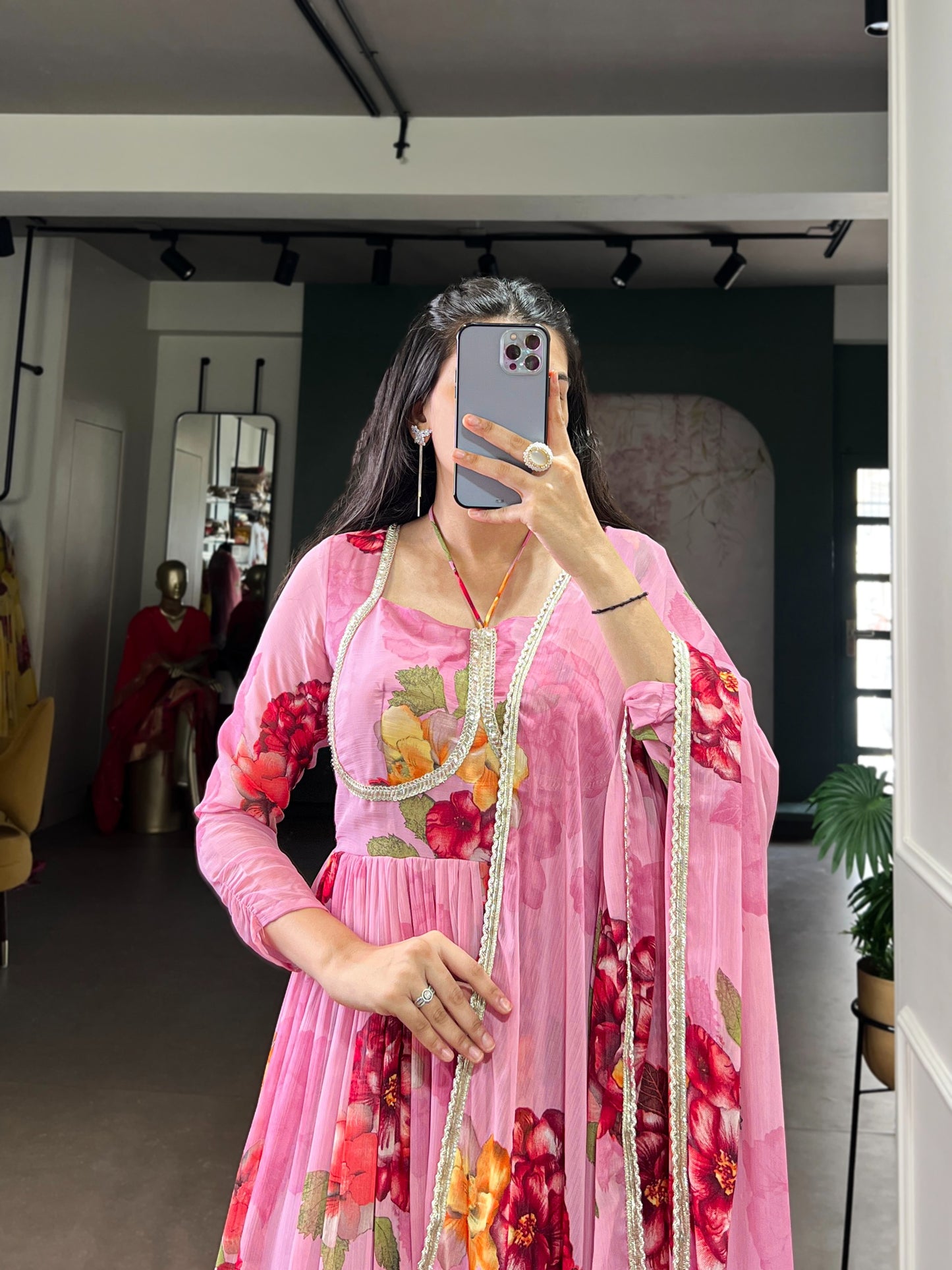 Stylish Floral Chiffon Gown & Dupatta Set