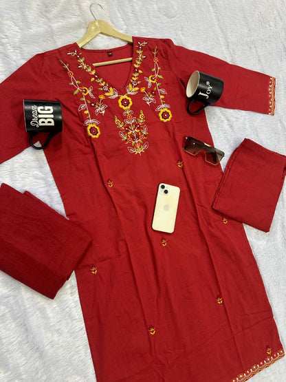 Handwork Embroidery Cotton Kurta 3-Piece Set