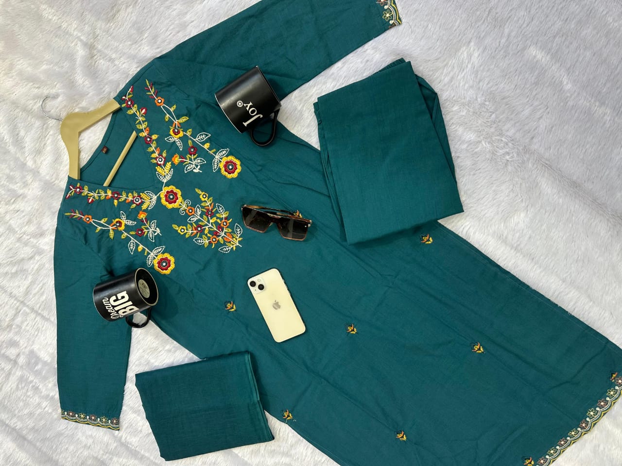 Handwork Embroidery Cotton Kurta 3-Piece Set