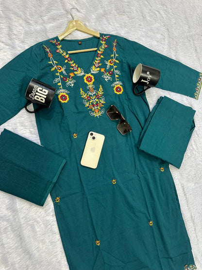 Handwork Embroidery Cotton Kurta 3-Piece Set
