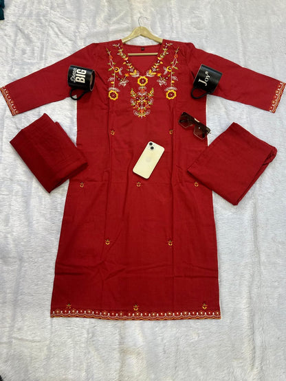 Handwork Embroidery Cotton Kurta 3-Piece Set