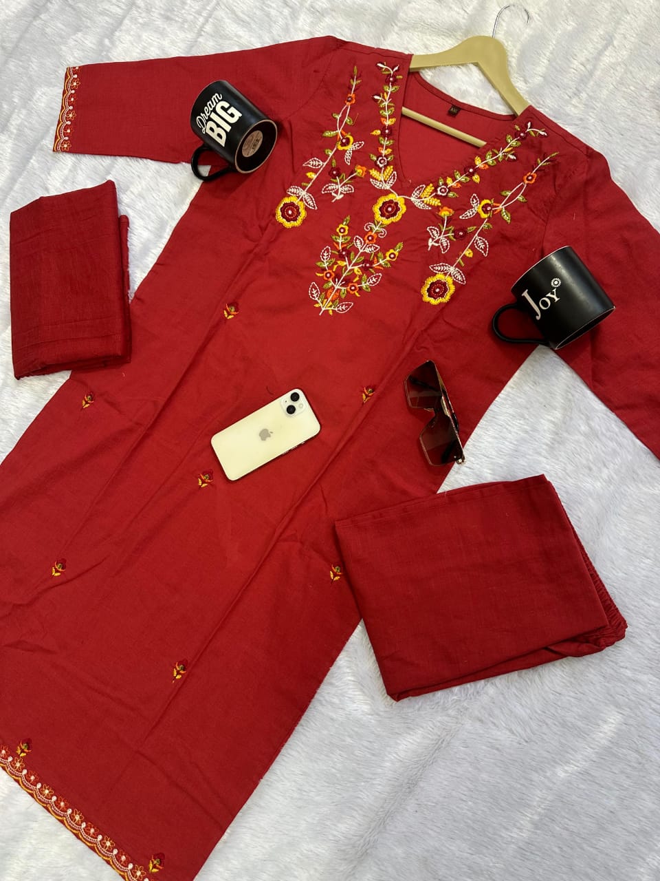Handwork Embroidery Cotton Kurta 3-Piece Set