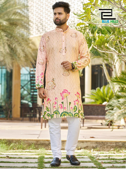 Party Wear Peach Kurta Set For Men