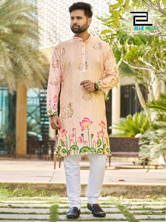 Party Wear Peach Kurta Set For Men