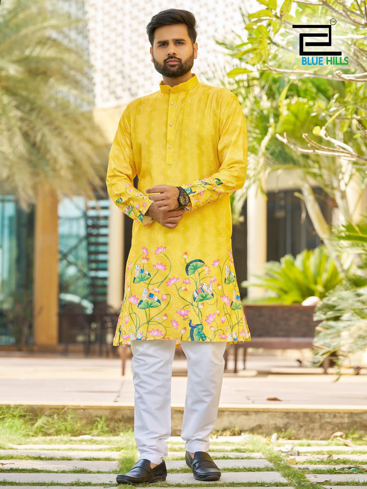 Party Wear Yellow Printed Kurta Set For Men
