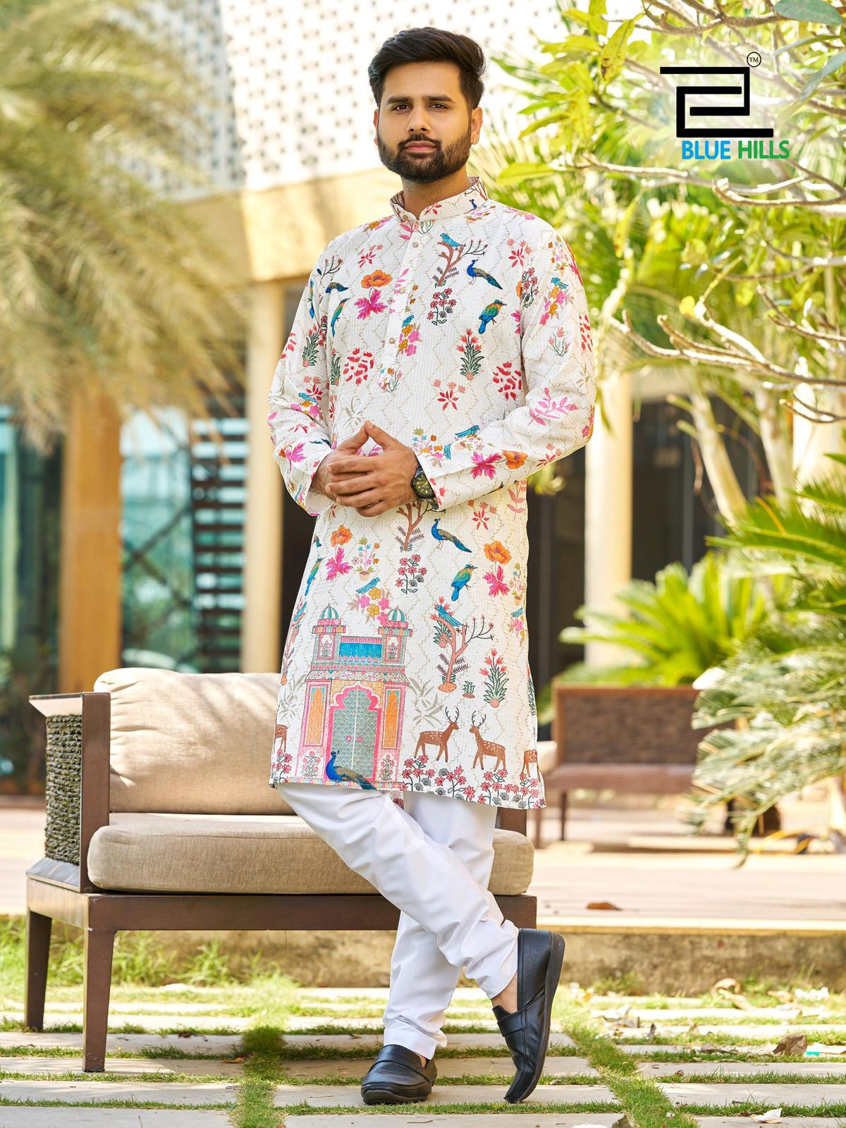 Party Wear White Printed Kurta Set For Men