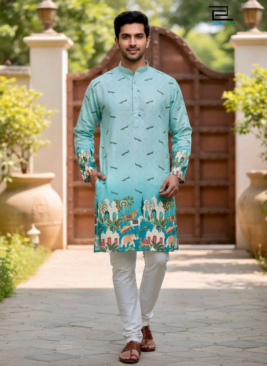 Party Wear Blue Printed Kurta Set For Men