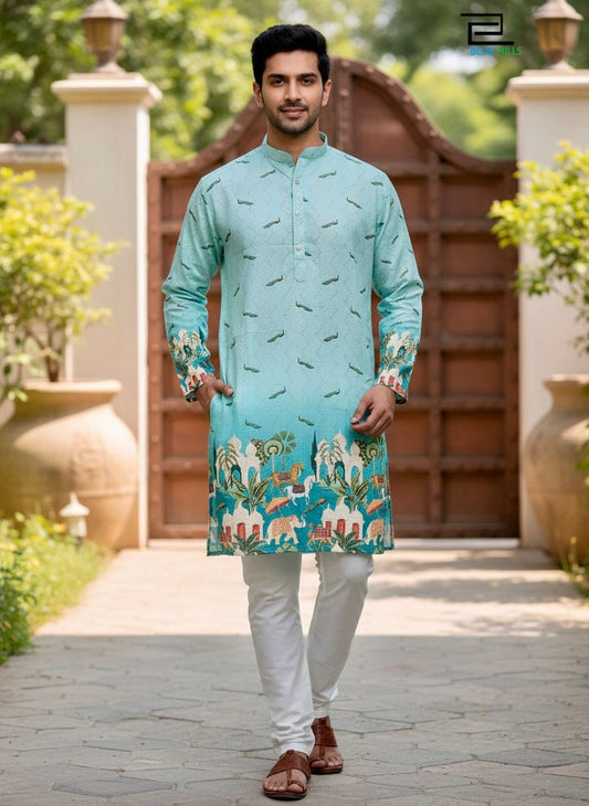 Party Wear Blue Printed Kurta Set For Men