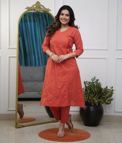 Cotton Chikankari Embroidery Angrakha Co-ord Set