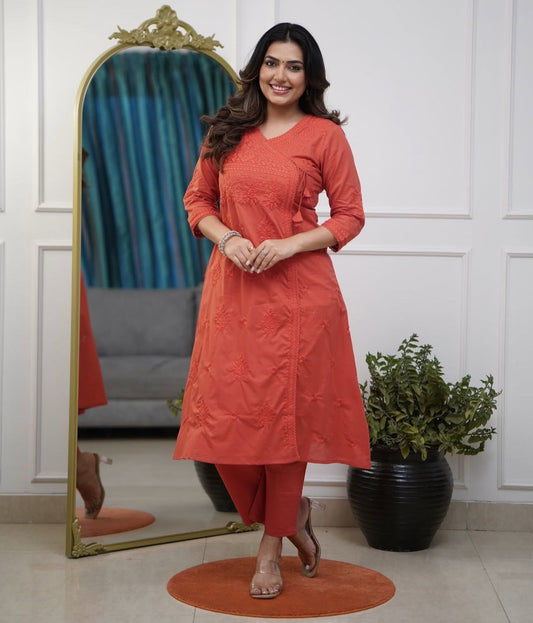 Cotton Chikankari Embroidery Angrakha Co-ord Set