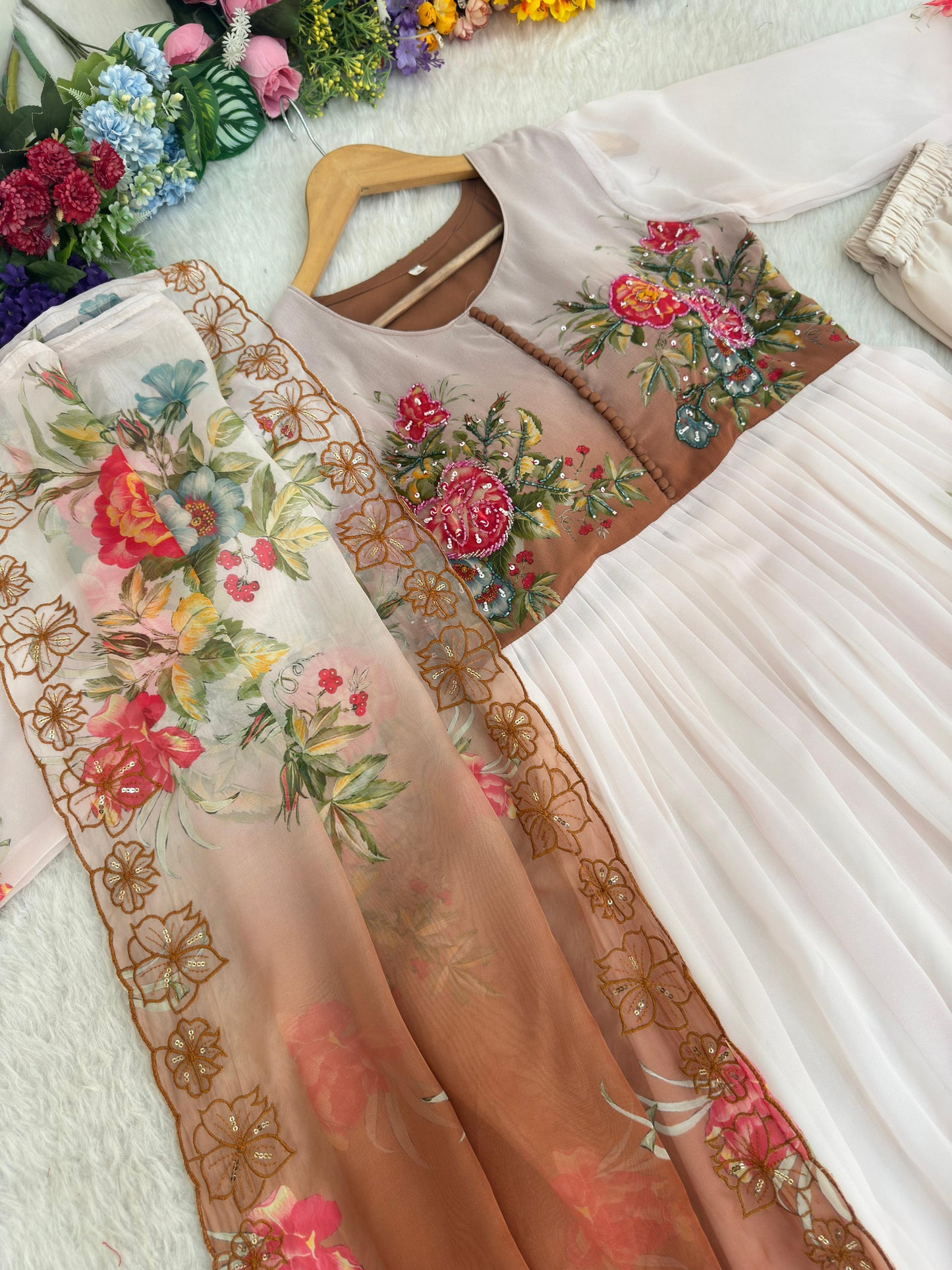 Graceful White Gown Set With Handwork