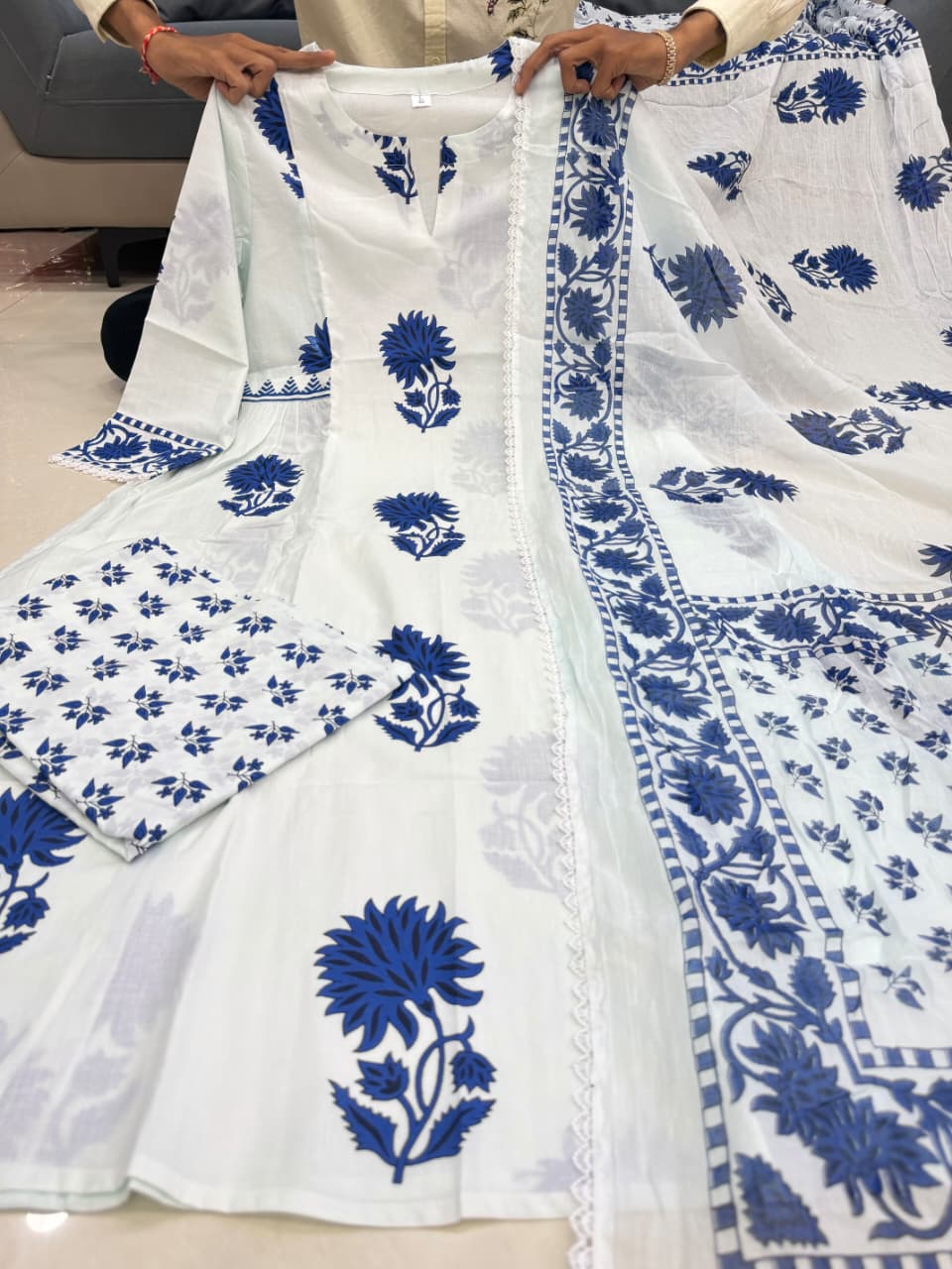 White Block Printed Jaipuri Cotton Kurta Set