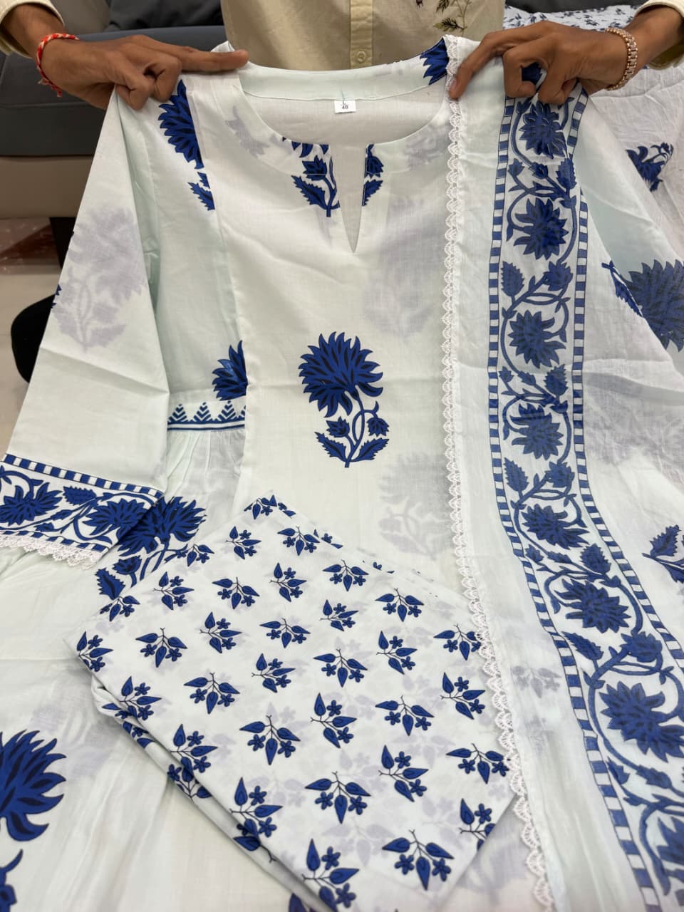 White Block Printed Jaipuri Cotton Kurta Set