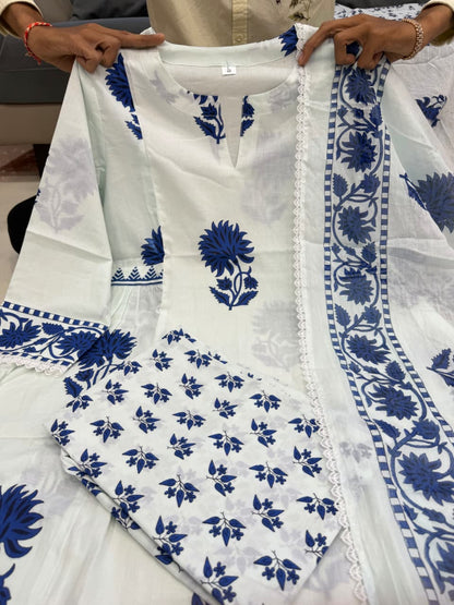 White Block Printed Jaipuri Cotton Kurta Set