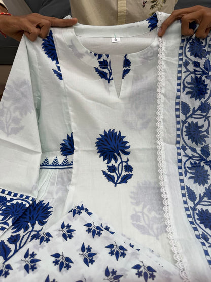 White Block Printed Jaipuri Cotton Kurta Set