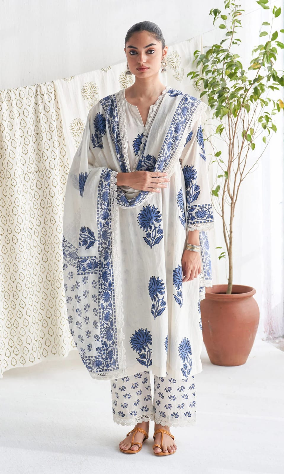 White Block Printed Jaipuri Cotton Kurta Set